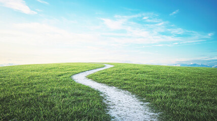 A winding path through a lush green meadow with a clear blue sky in the background.