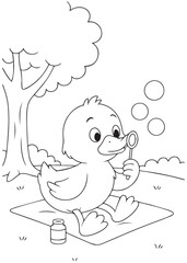 coloring book duck sitting and blowing soap bubbles.