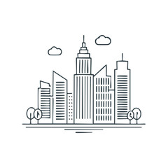 City Skyline Minimalist Illustration with Skyscrapers and Clouds on Black