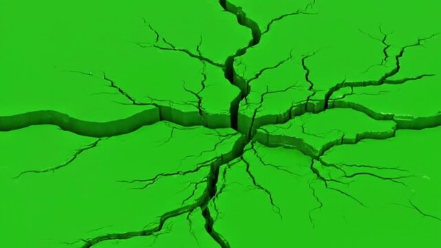 Top view of a green surface with deep cracks spreading outward, ideal for visual effects, compositing, or backgrounds in disaster-themed scenes.