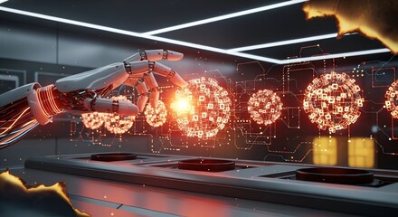 Robotic arm manipulating glowing data spheres in a futuristic lab, illustrating machine learning and advanced AI systems for analysis.