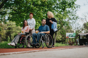 A group of friends enjoying outdoor time, including two individuals using wheelchairs, bonding in a serene and nature-filled setting with a shared sense of community and happiness.