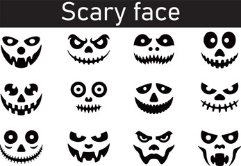 A menacing stylized scary face with sharp teeth and glowing eyes depicted as a bold silhouette isolated on transparent background