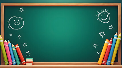 Educational background with a green school chalkboard, colorful pencils, and cute chalk drawings. Back to school concept.