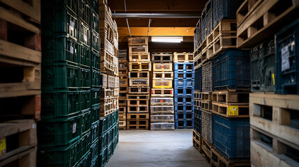 Obraz premium Warehouse aisle with organized stacks of wooden pallets and colorful plastic crates
