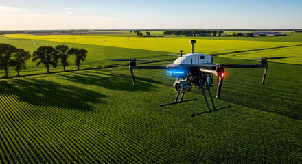 Agri-tech A drone flying over a farm, scanning crops to monitor health and optimize water usage. Sunny day, modern agriculture