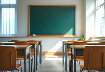 school classroom with desks and chairs, large chalkboard hanging on wall, big windows with curtains, concept of back to school learning and education