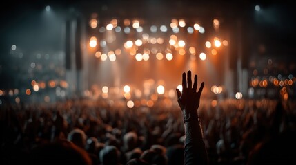 A single hand raised high amidst a vibrant concert crowd