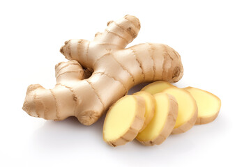 Close up of fresh ginger root and slices, showcasing the spice's rich color and texture against a clean white backdrop