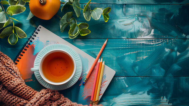 Flatlay of Art Therapy Tools: Colored Pencils Sketchpad and Tea, in high resolution clean minimal style stock photo illustration background image ideal for templates advertisements and web banners sho