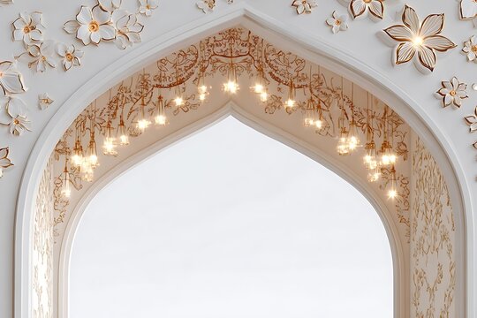 Elegant white archway adorned with ornate gold floral motifs and delicate hanging lights creating a luxurious, inviting atmosphere