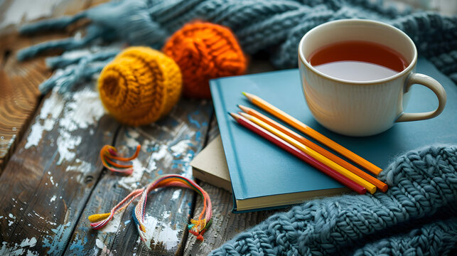 Flatlay of Art Therapy Tools: Colored Pencils Sketchpad and Tea, in high resolution clean minimal style stock photo illustration background image ideal for templates advertisements and web banners sho