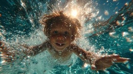 Underwater joy A child's cheerful dive, sunlight sparkling