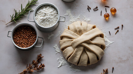 Unbaked dough with ingredients on a table for a rustic baking concept and food preparation