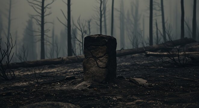 A solitary, dark stone pillar stands stoically in a desolate, burned forest landscape with charred trees and smoky haze, conveying a somber and eerie atmosphere. - Powered by Adobe