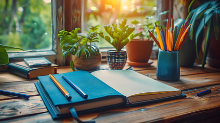 Fototapeta premium Flatlay of Artist’s Workspace with Sketchbook and Colored Pencils, in high resolution clean minimal style stock photo illustration background image ideal for templates advertisements and web banners s