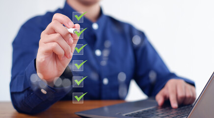 Businesswoman mark checkboxes, Survey form, check marks on checklist,Checklist concept.