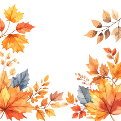 Watercolor frame of autumn leaves in warm orange, yellow, and cool grey tones.