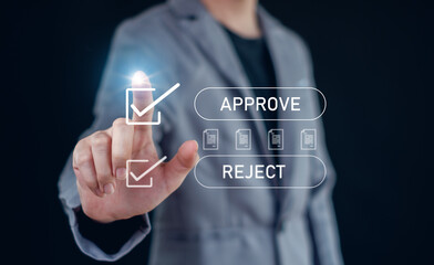Approved, accept, pass inspection, Businessman writing or tick correct mark to approve document and project concept.