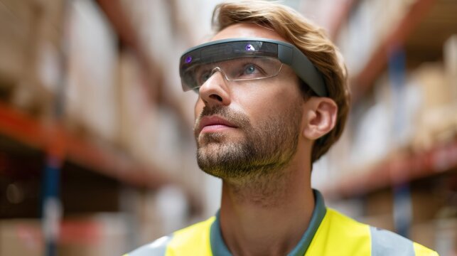 Visionary in the Warehouse: A focused worker in a warehouse setting utilizes advanced augmented reality glasses, representing the intersection of technology and industry.