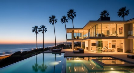 Fototapeta premium Modern Coastal Home with Pool at Dusk, Blue Sky