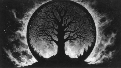 Black and white tree of life within a fiery halo