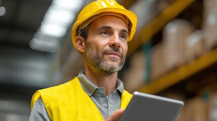 Warehouse worker: An experienced warehouse worker stands in a storage facility, carefully reviewing inventory data on a tablet, embodying the focus and precision of modern logistical management.