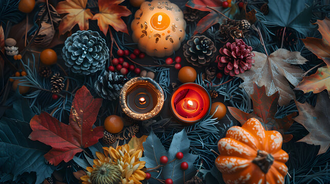 Flatlay of Autumn Decor: Leaves Candles and Warm Tones, in high resolution clean minimal style stock photo illustration background image ideal for templates advertisements and web banners showcasing m