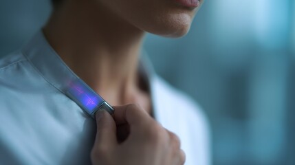 Innovative wearable technology: A close-up captures a person wearing a sleek, futuristic device around their neck, showcasing the intersection of fashion and advanced science, a beacon of progress.