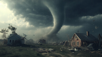 Potężne tornado przetacza się przez teren, niszcząc domy i pozostawiając spustoszenie. Scena ukazuje siłę natury i dramatyczne skutki katastrofy pogodowej.