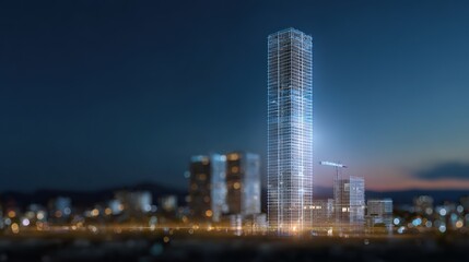 Fototapeta premium Cityscape's Nighttime Luminescence: An awe-inspiring display of modern architecture, bathed in the ambient glow of twilight, unveils a cityscape skyline dotted with skyscrapers.