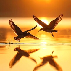 Two birds in silhouette take flight from a calm lake at sunrise, their reflections mirrored in the golden water