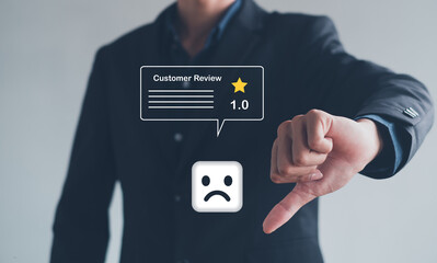  Unhappy Businessman Client with Sadness Emotion Face on virtual screen, Bad review, Customer Experience dissatisfied Concept.
