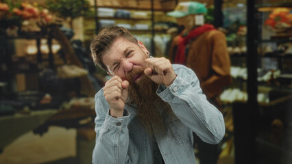 Bearded man in denim jacket pinches under eyes for mock crying in a clothing store building; humor parody mockery.
