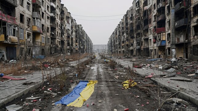 Ukrainian and russian flags amidst a ruined cityscape representing ongoing conflict and strife