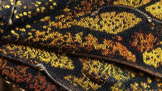 Macro Photography of a Morpho Butterfly with Colorful Wings and Detailed Insect Patterns &ndash; Black, Orange and Yellow Accents in Close-Up Microscopic View for Nature Lovers