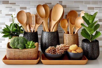 Spoons and forks in wicker holders high resolution picture