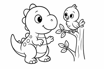 Fototapeta premium A cute dinosaur smiles at a little bird sitting on a tree branch. A heartwarming forest scene perfect for kids to color and enjoy nature and friendship