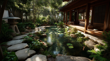 Traditional Japanese garden with stone lantern, stepping stones, and tranquil pond with water lilies next to wooden architecture, surrounded by lush greenery and filtered sunlight in peaceful harmony