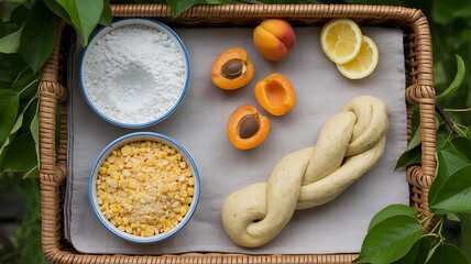 Overhead shot of ingredients including apricots and dough for baking a sweet pastry dish on a table