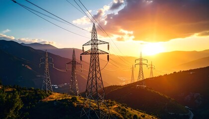 Transmission towers carrying electricity against the backdrop of a stunning sunset and mountain