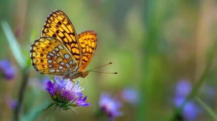 Obraz premium A close-up of a colorful butterfly feeding on the pollen of a wildflower, with a blurred green background.