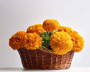 Orange Marigold Flowers In Bamboo Basket Called Puja Phool Ki Tokri Or Dalia For Decoration And Offering To Hindu God During Festivals viz. Shubh Deepawali, Dussehra, Navratri, Durga Pooja Etc.
