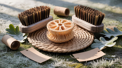 Close up of natural cleaning brushes and sponges arranged on a rustic surface outdoors in winter