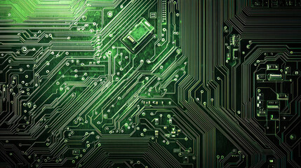 A complex circuit board with green and black components, intricate lines, and a green background. The image represents the intricate design and technology of electronic components.
