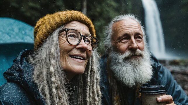 Happy senior couple enjoying nature, near a waterfall - Powered by Adobe