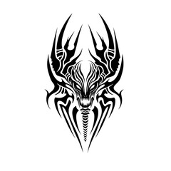 Fototapeta premium Vector illustration of a fierce monster head in a black tribal tattoo style. Symmetrical demonic alien emblem.