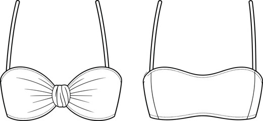  Women's Stylish Strapless Bandeau Bikini Top Technical Fashion Flat Sketch with Front Bow Detail, Perfect for Swimwear Design, Beachwear, and Summer Resort Collections, Vector Illustration.