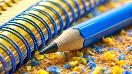 Closeup of a blue pencil and spiral notebook on a colorful surface
