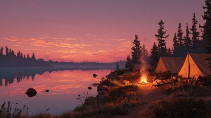 A cozy camping site by a calm lake at sunset, with a glowing campfire and pitched tents.